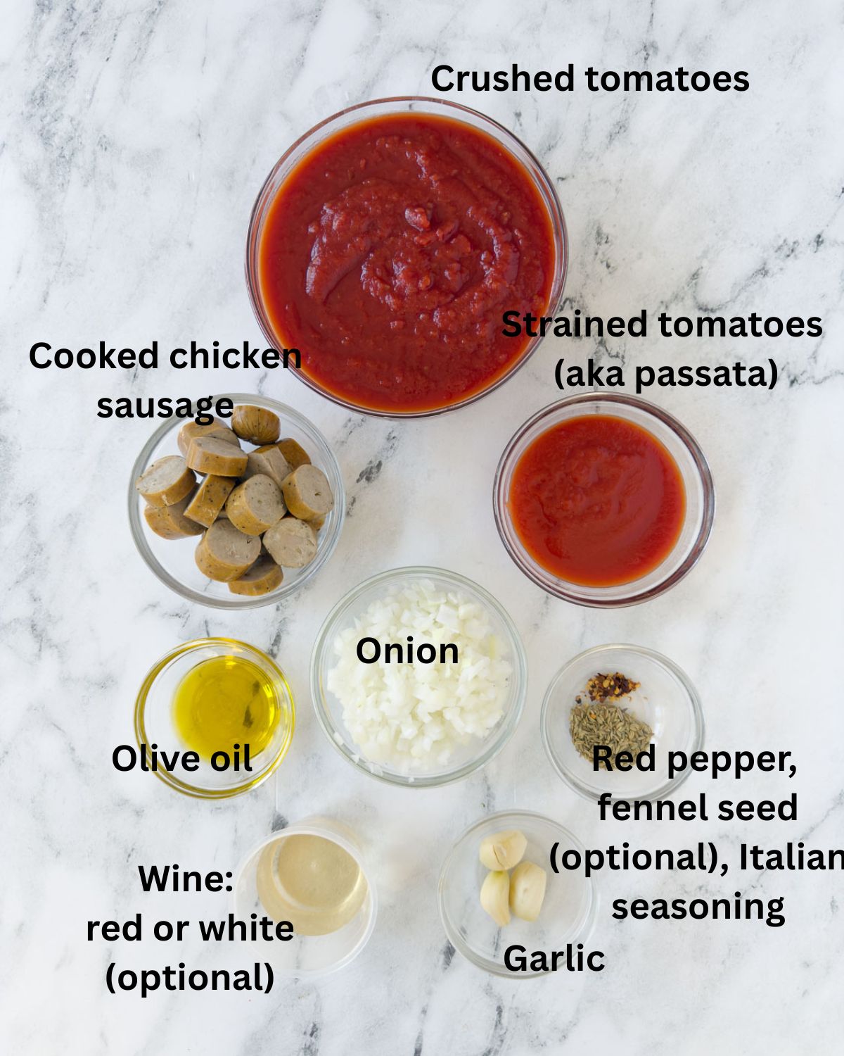 Ingredients for lasagna sauce with sausage, onions, tomatoes, herbs, garlic, and wine.