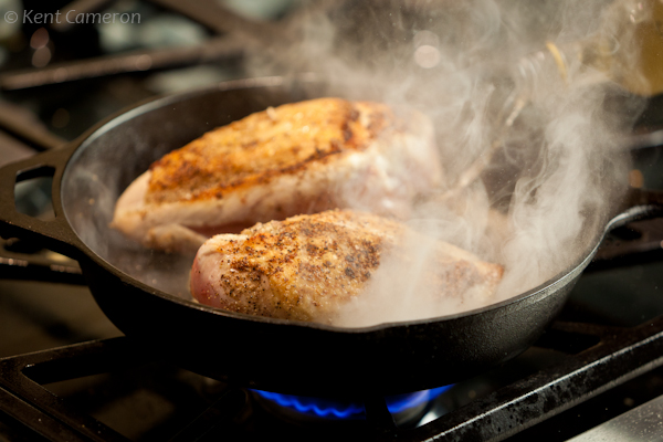 Searing the chicken stove top.