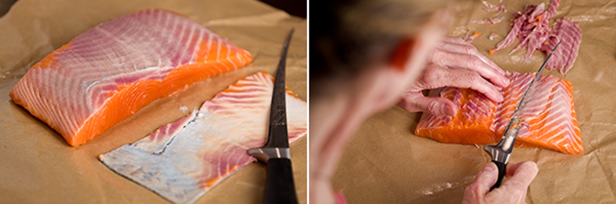 Trimming the bloodline, the purple area on the skin side of salmon after skinning.