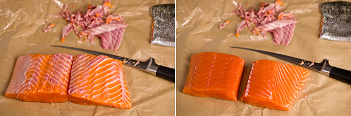 Trimming a salmon filet and cutting into portions for cooking. 