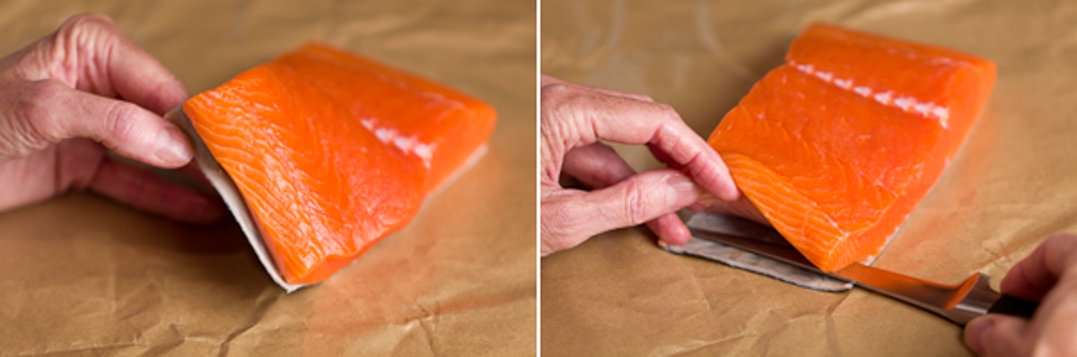 Showing how to skin salmon filets with a filet knife. 