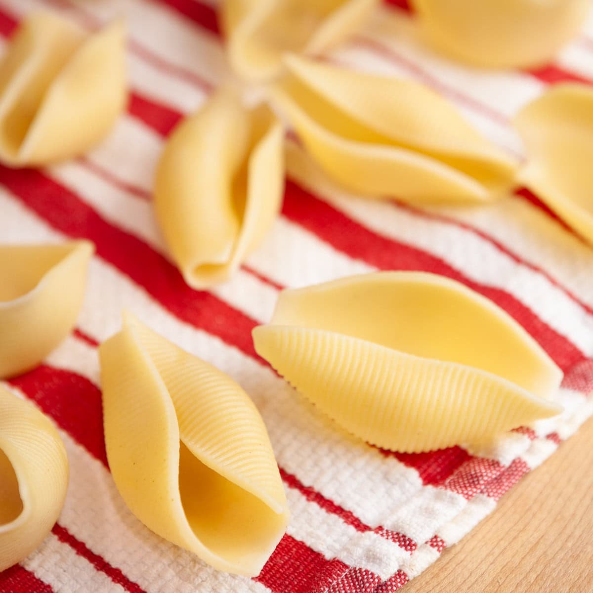 Cooked jumbo pasta shells cooling on a red striped kitchen towel.