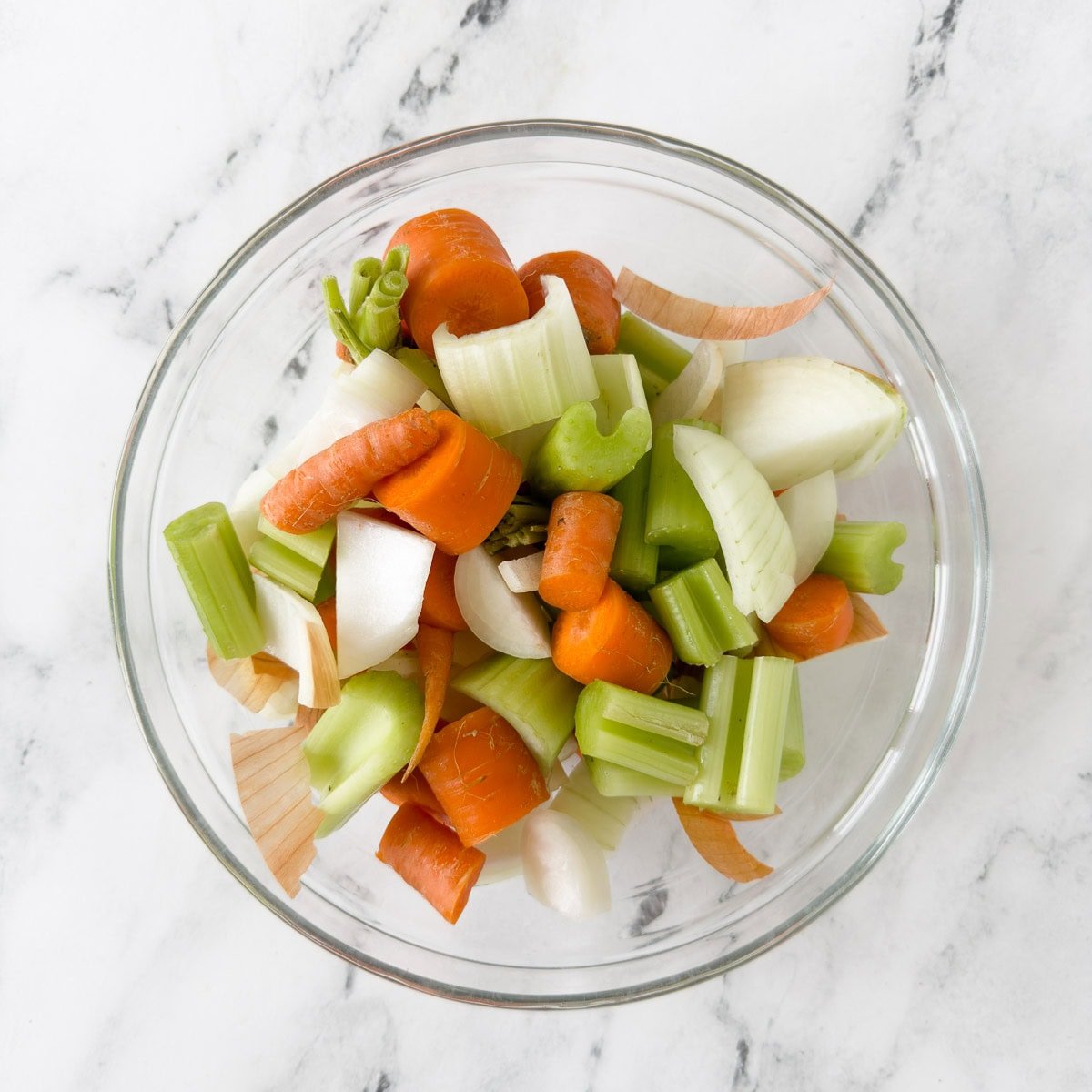 Chop onion, carrot, and celery roughly.