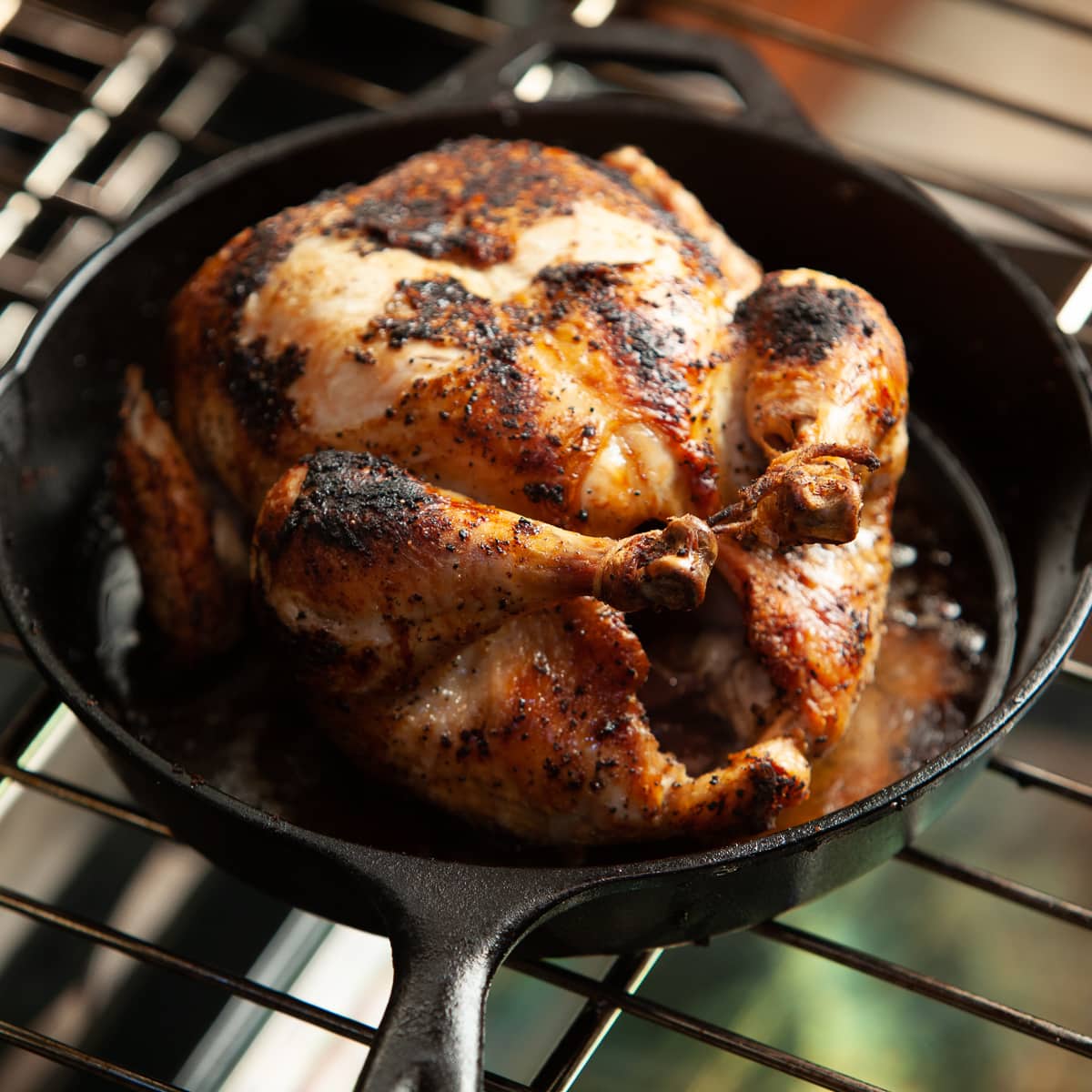 Golden brown roast chicken in cast iron skillet on oven rack