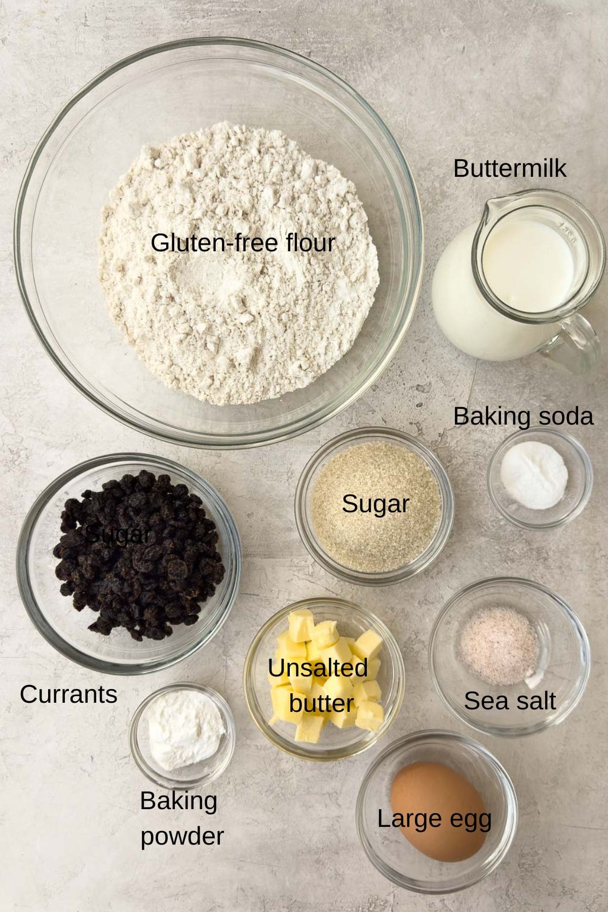 Irish soda bread ingredients with labels on a counter.