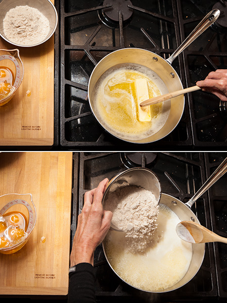 The process of making pate a choux dough, stovetop.