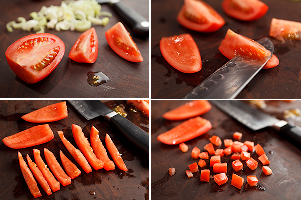 4 photos of how to chop tomatoes, from whole to perfectly diced.