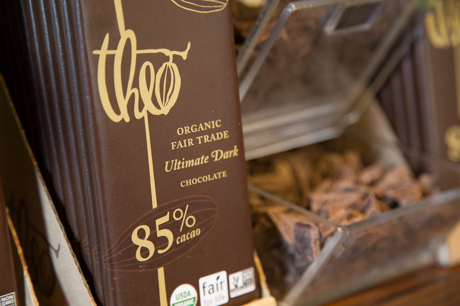 Theo organic chocolate display. 