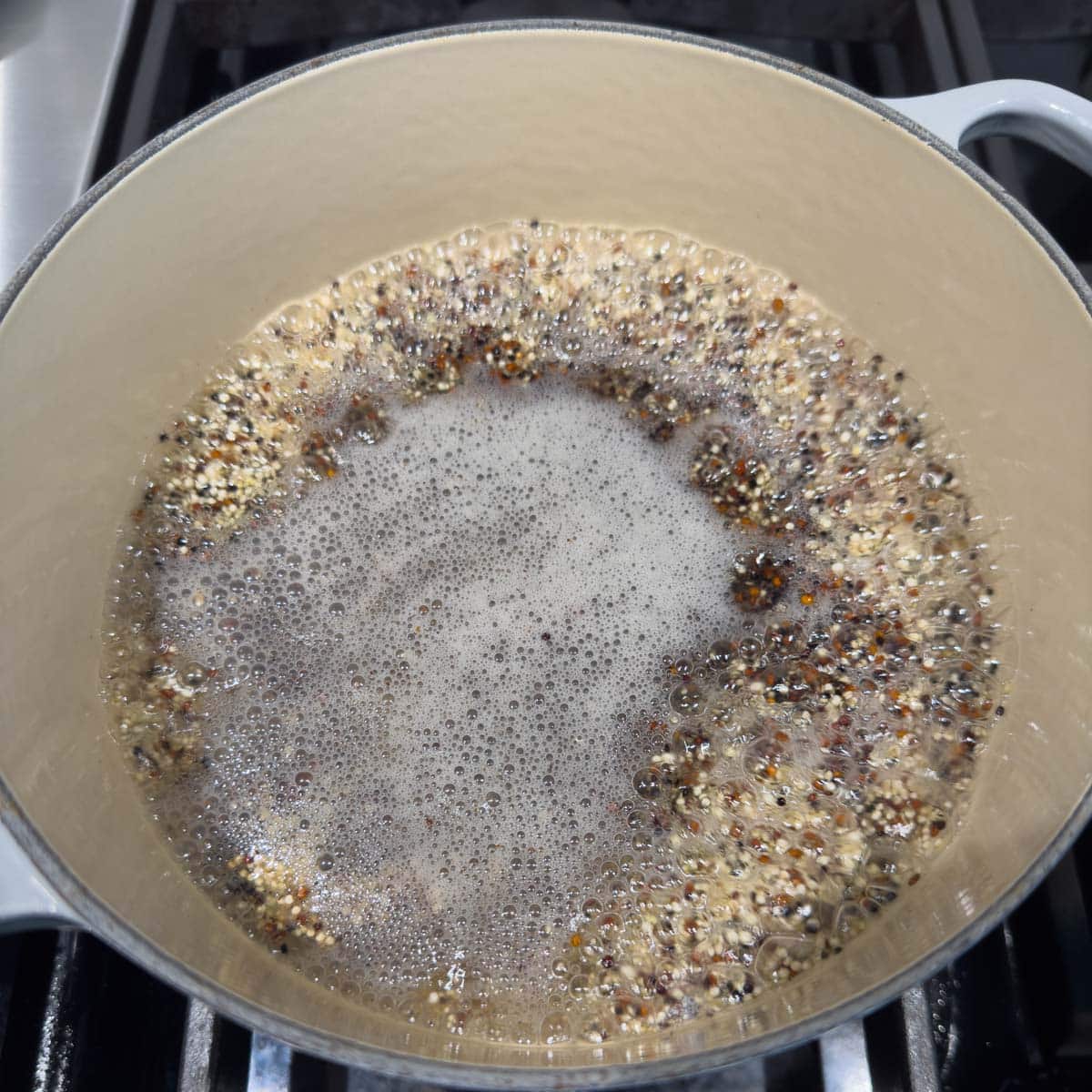 Cooking quinoa in a pot on the stovetop.