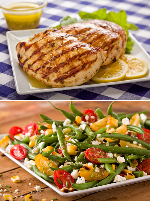 Grilled lemon chicken and a green bean, corn, tomato salad.  