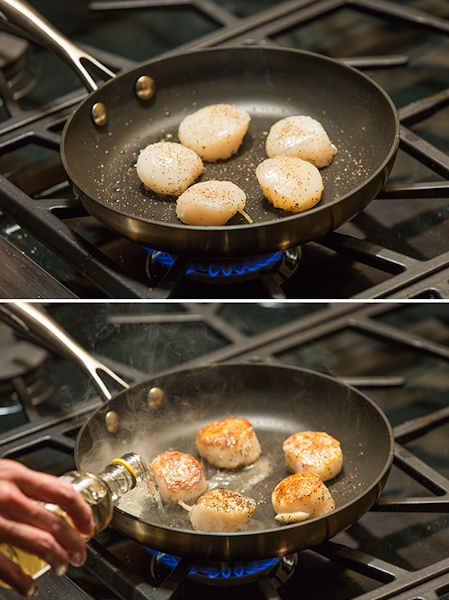Searing jumbo scallops, in a non-stick pan.