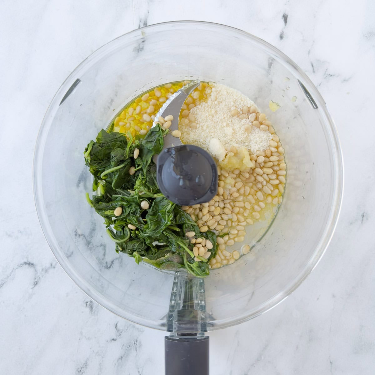 Basil, olive oil, pine nuts, parmesan, garlic, in a food processor.