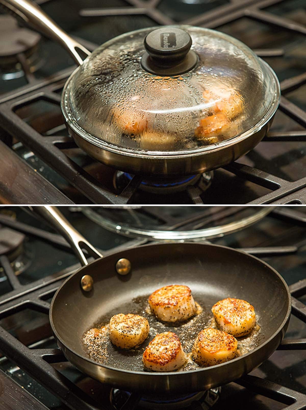 Seared Scallops with Pasta and Vegetables Finishing searing scallops with a white wine deglaze and placing a lid on top.