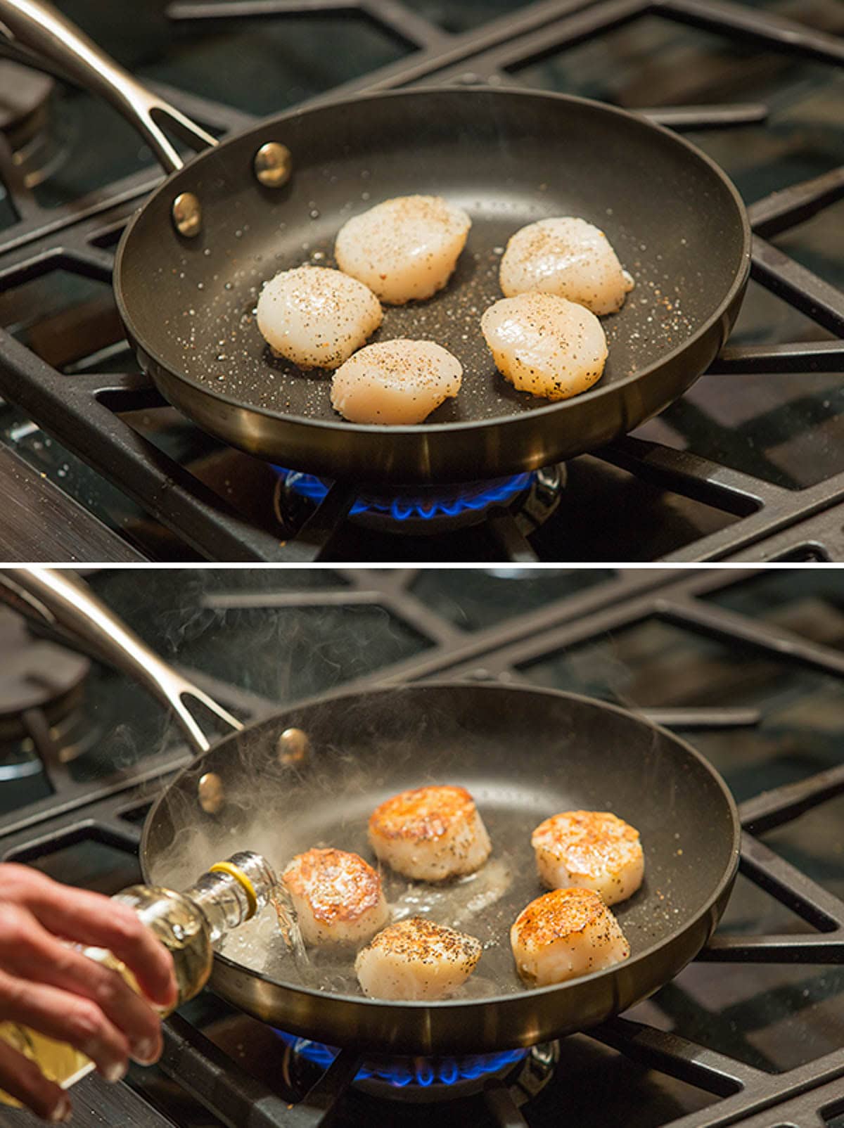 Seared Scallops with Pasta and Vegetables Searing scallops in a non-stick until they reach a golden crust.