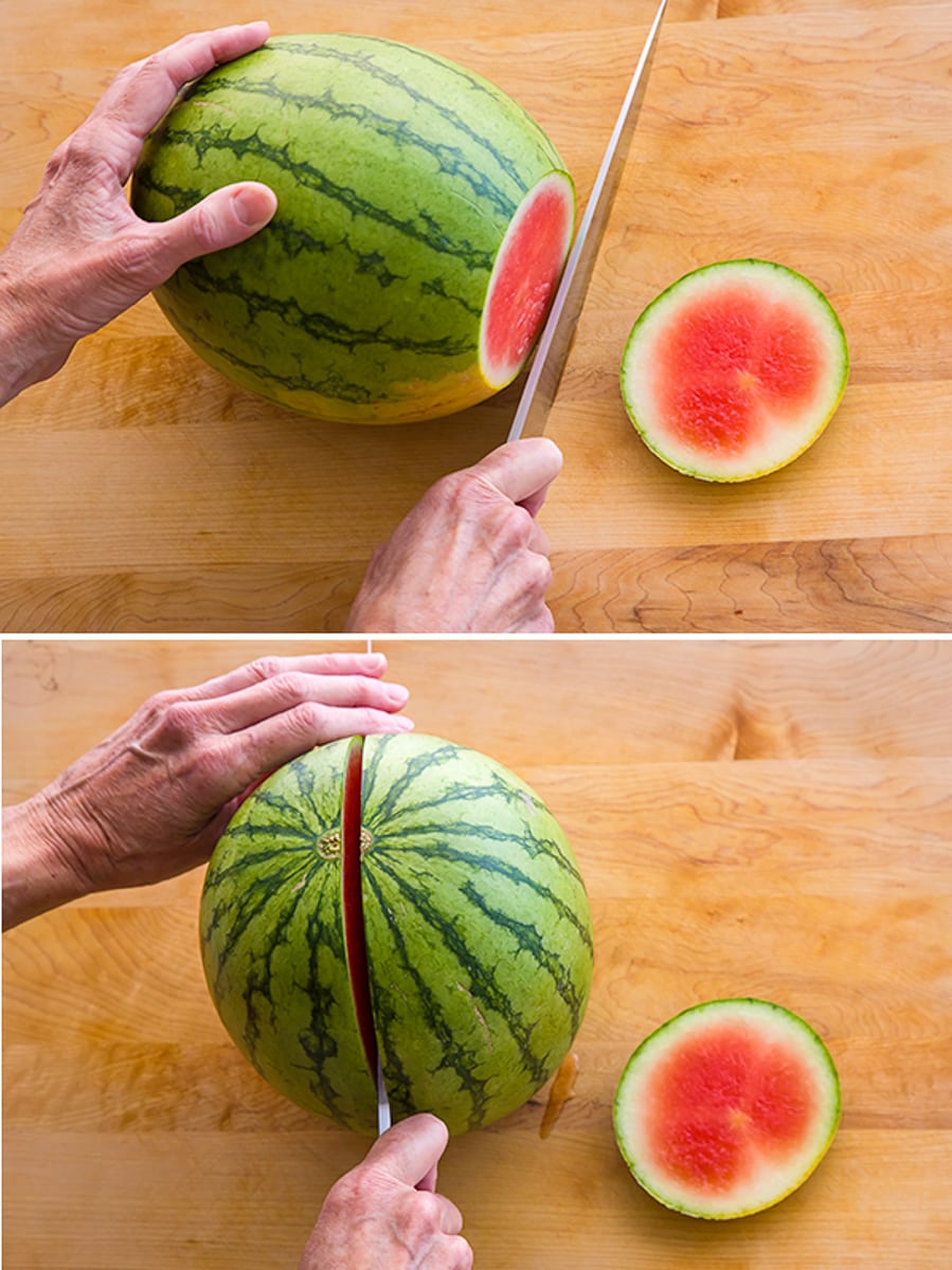 Step 1, cut a slice off the end. Step 2, stand the melon on the flat end, slice through.