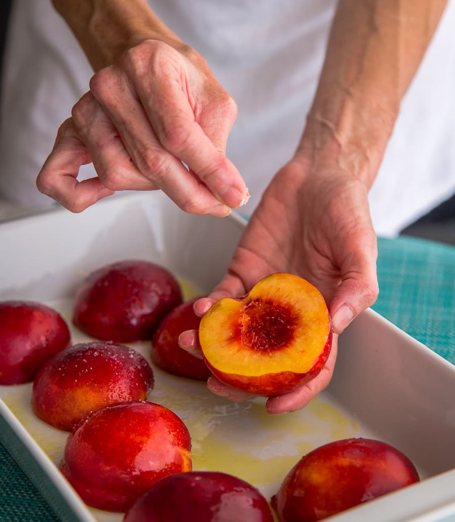 Red nectarines begin prepped for roasting. 