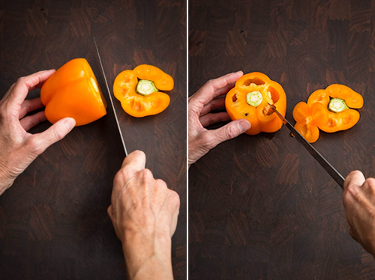 How to cut bell peppers step by step. Cut off the top and bottom. 