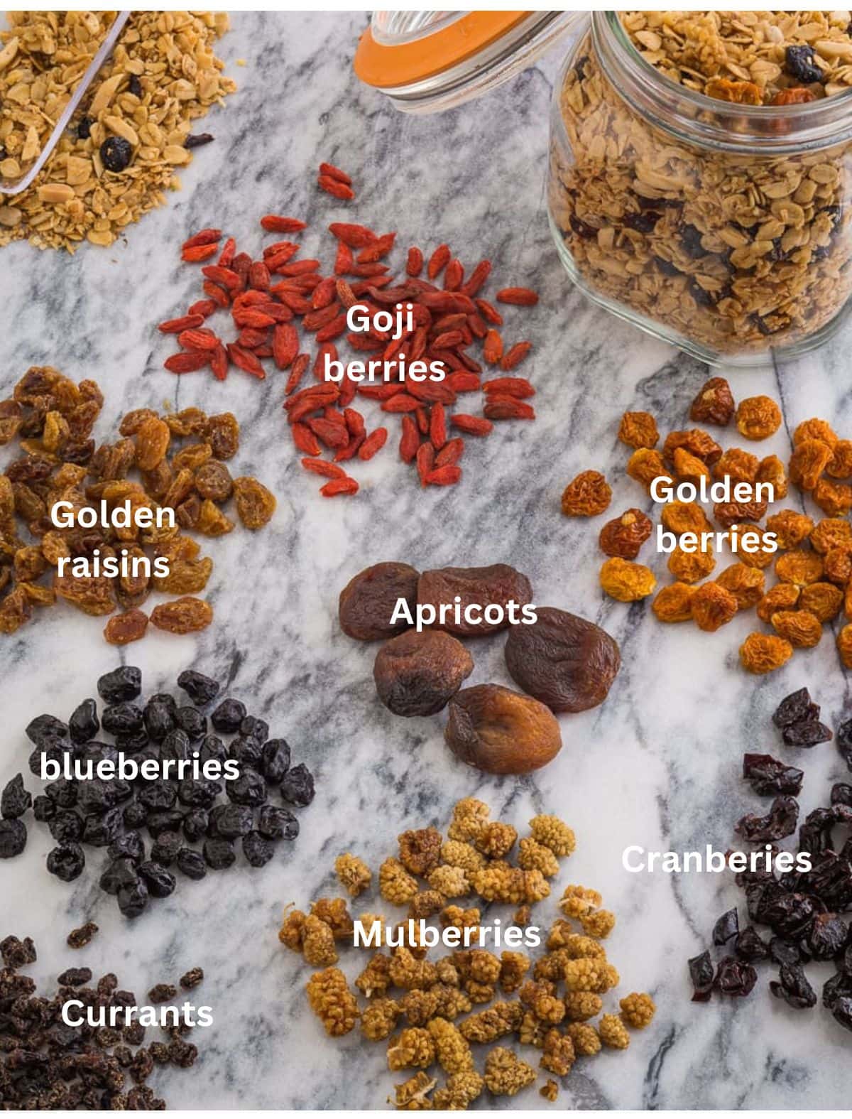 Examples of dried fruit options for homemade granola.