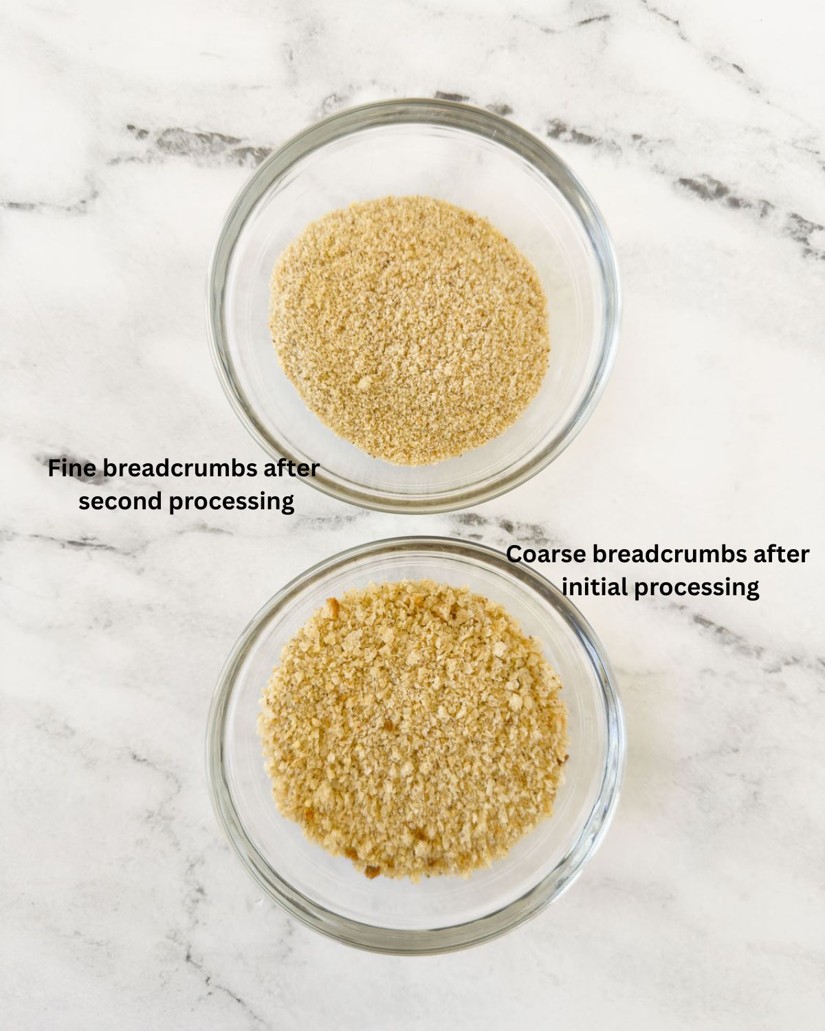 Two small bowls showing different textures of breadcrumbs fine and coarse.