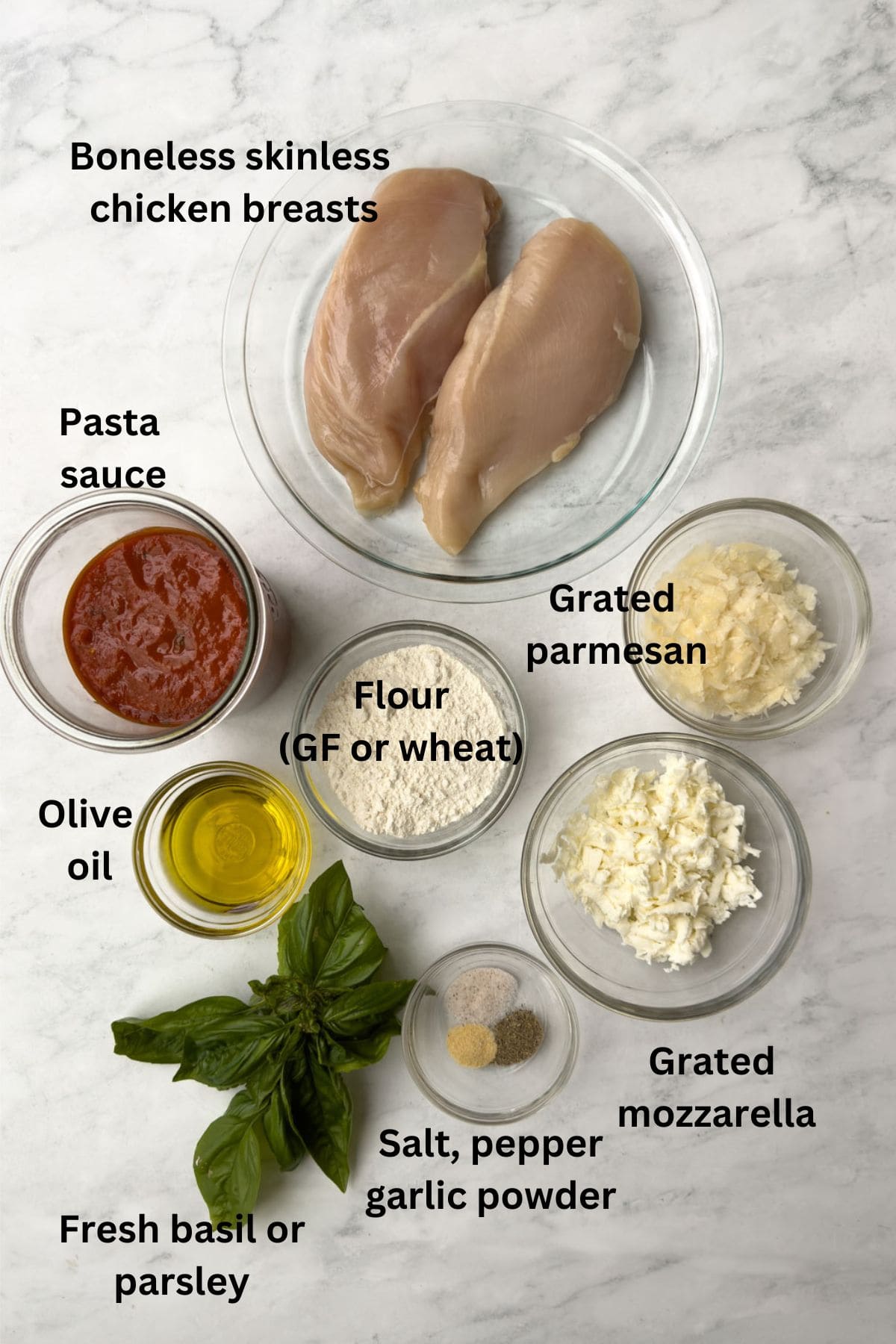Ingredients for chicken parmesan on the counter.