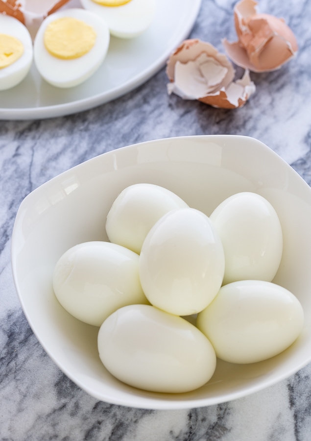 hard boiled eggs in white bowl | Afoodcentriclife.com