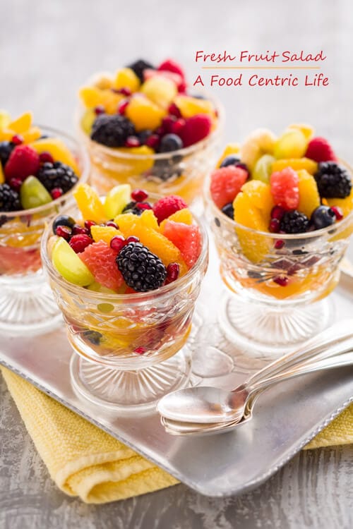 fresh fruit salad in glass cups.