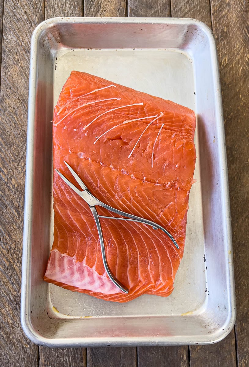 removing pin bones from salmon