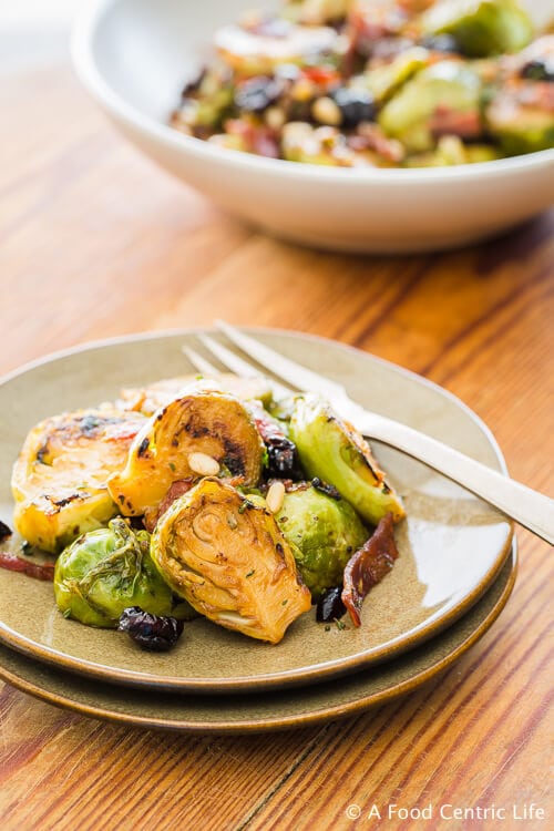 Brussels Sprouts with Bacon and cranberries|AFoodcentricLife.com