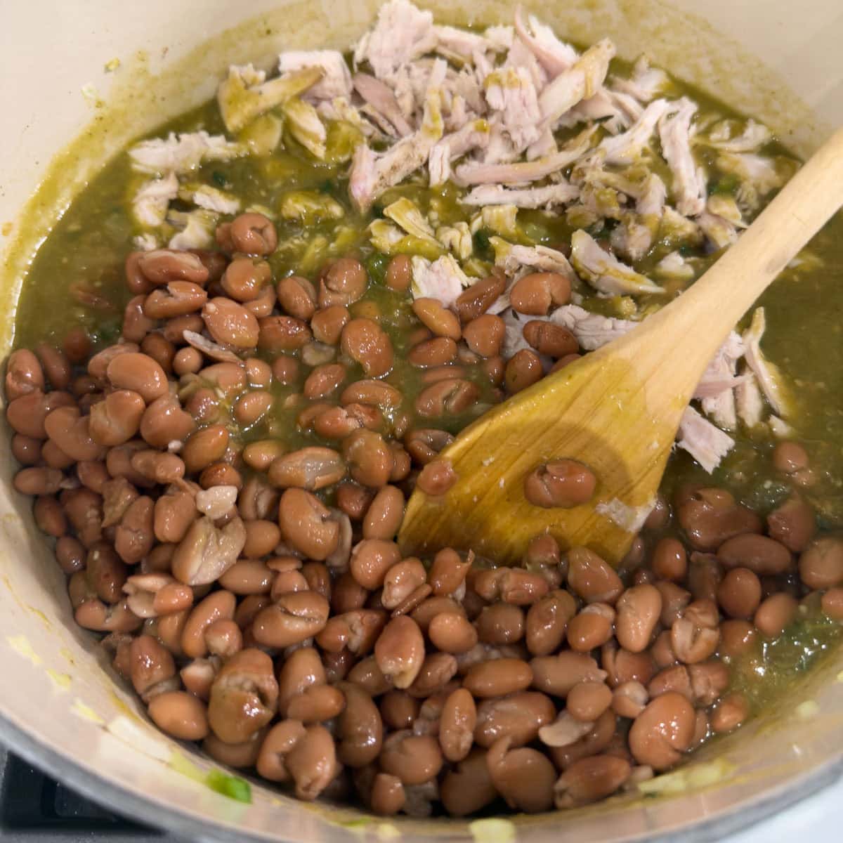 Adding shredded chicken and pinto beans to a soup pot making tomatillo soup.