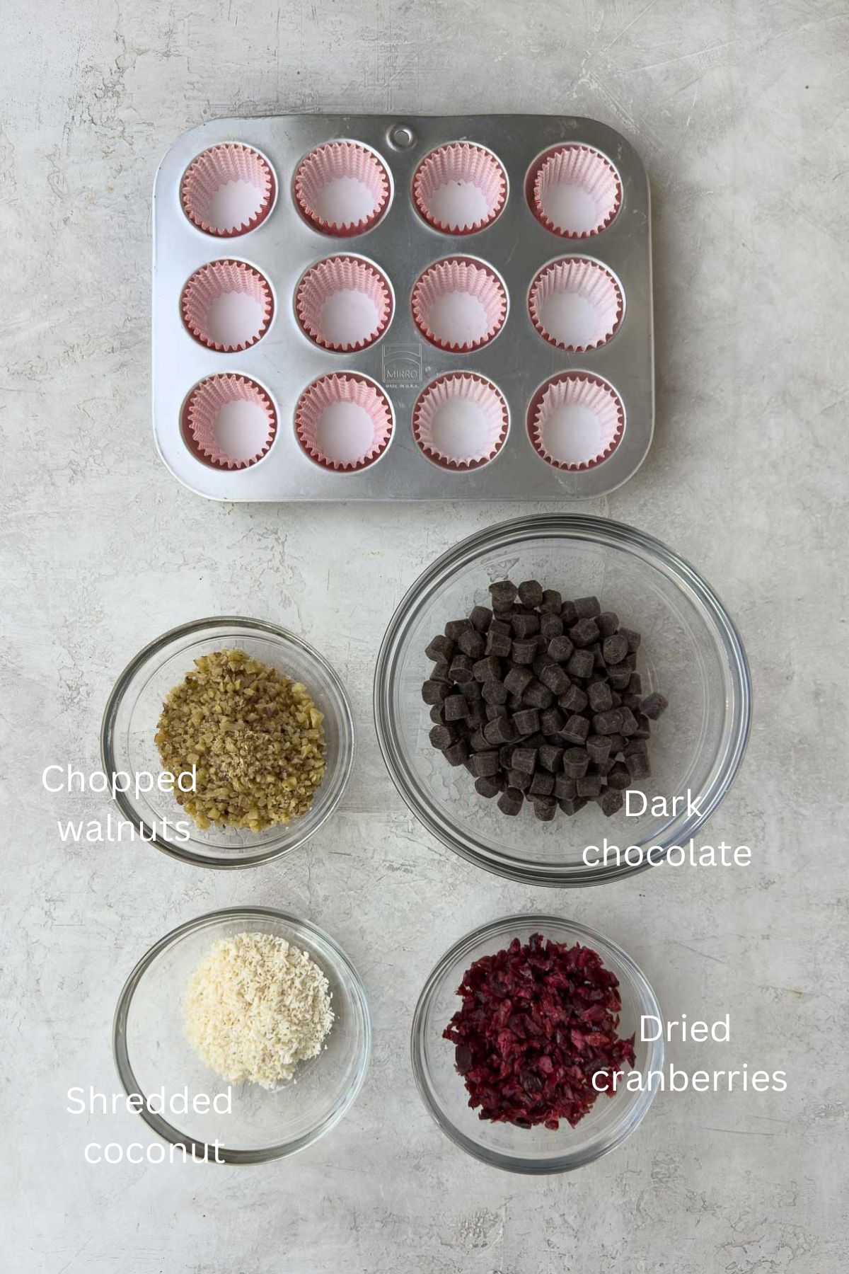 Ingredients for chocolate bark on a counter.