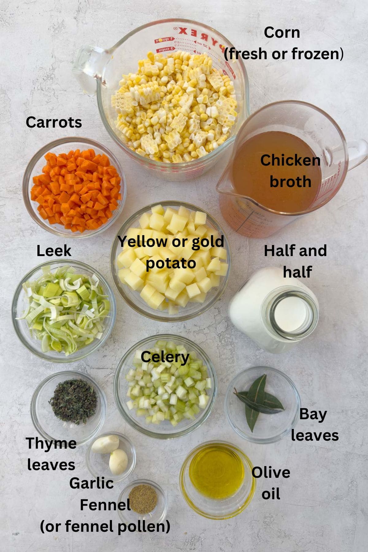 Glass prep bowls with ingredients for corn chowder with potatoes.