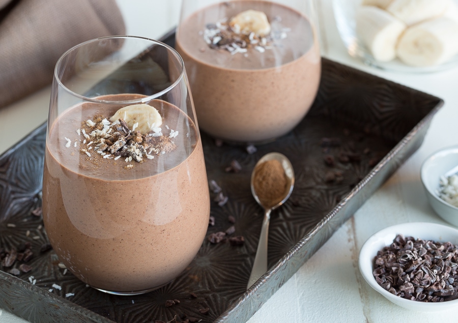 Chocolate smoothies with cacao nibs.
