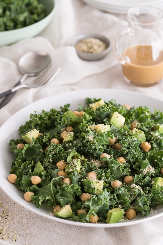 Kale salad with avocado and garbanzo beans. 