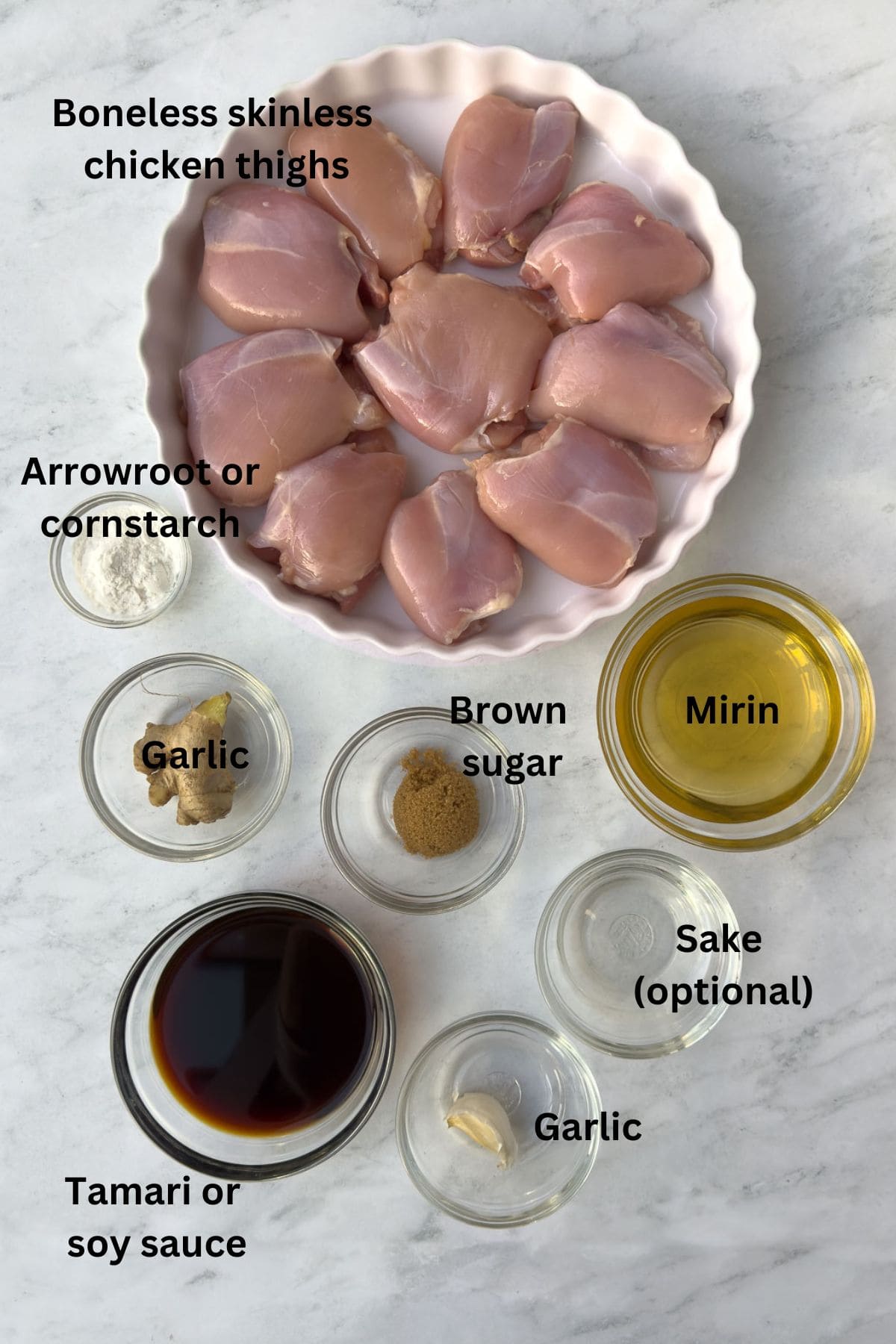 Ingredients for teriyaki chicken thighs with homemade teriyaki sauce. 