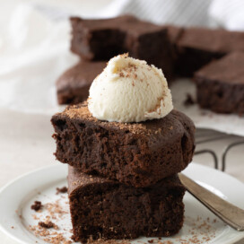 Add a small scoop of vanilla ice cream to the top of brownies for a serving suggestion.
