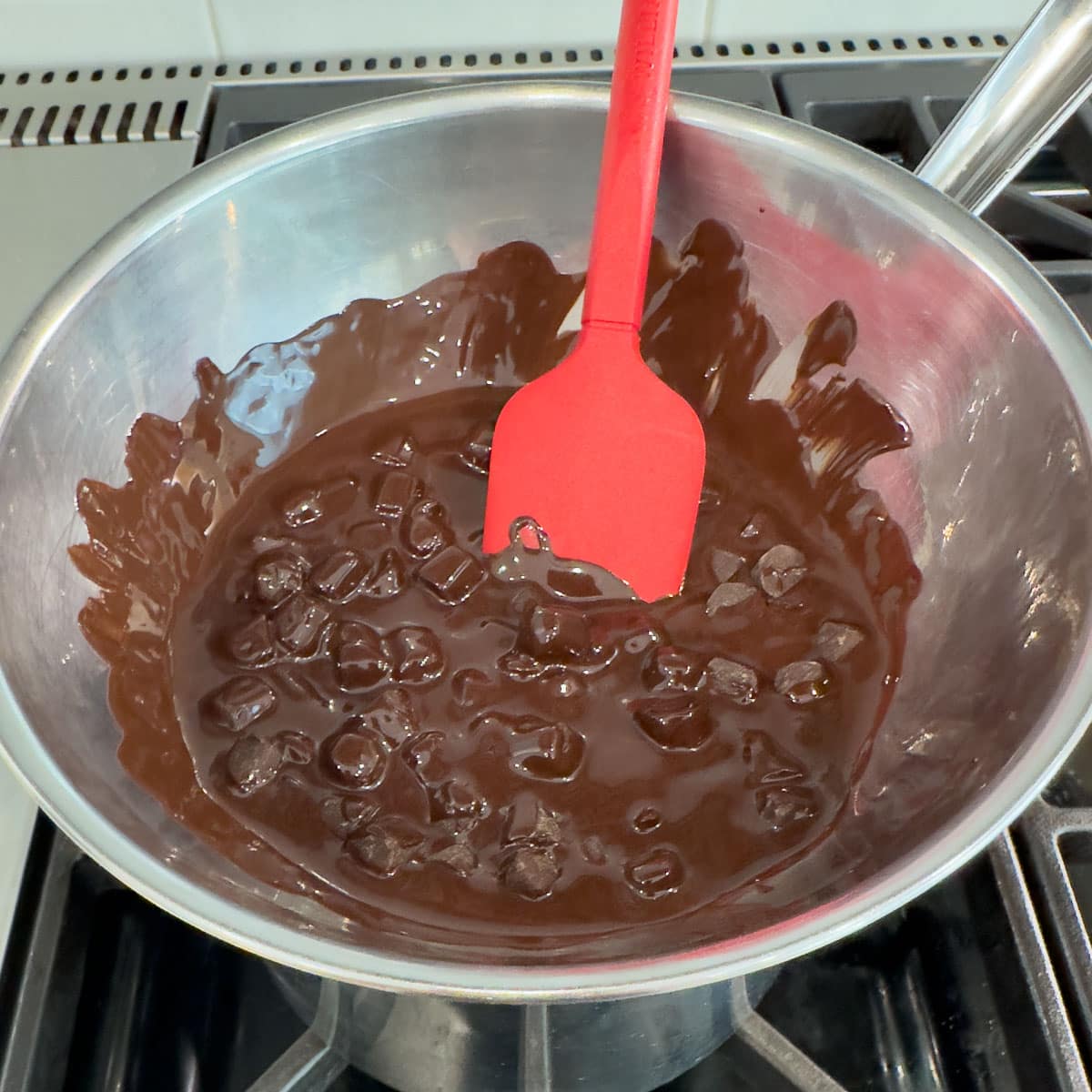 Melting chocolate in a double boiler on the stovetop.