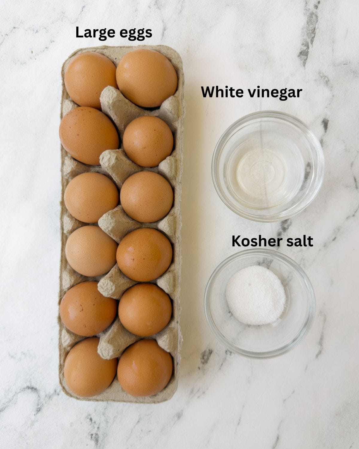 A dozen brown eggs in a carton, and little bowls of white vinegar and salt.