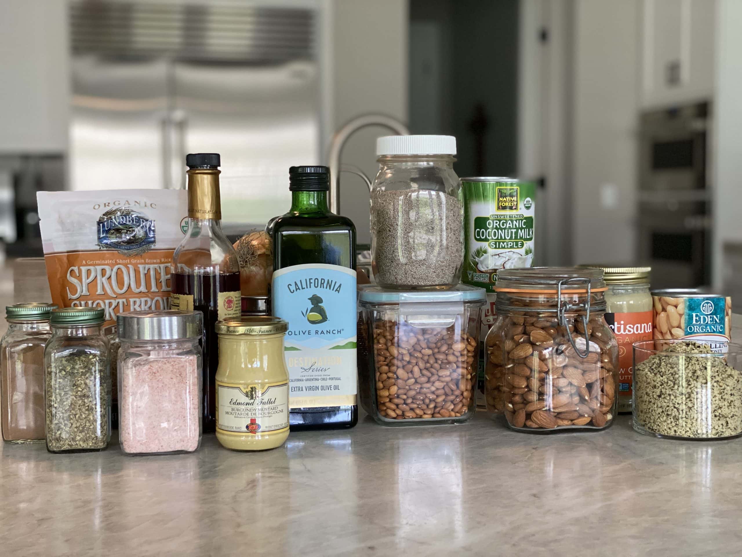Non-perishable pantry staples on a kitchen counter.