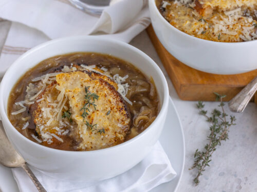 French onion soup with cheesy croutons
