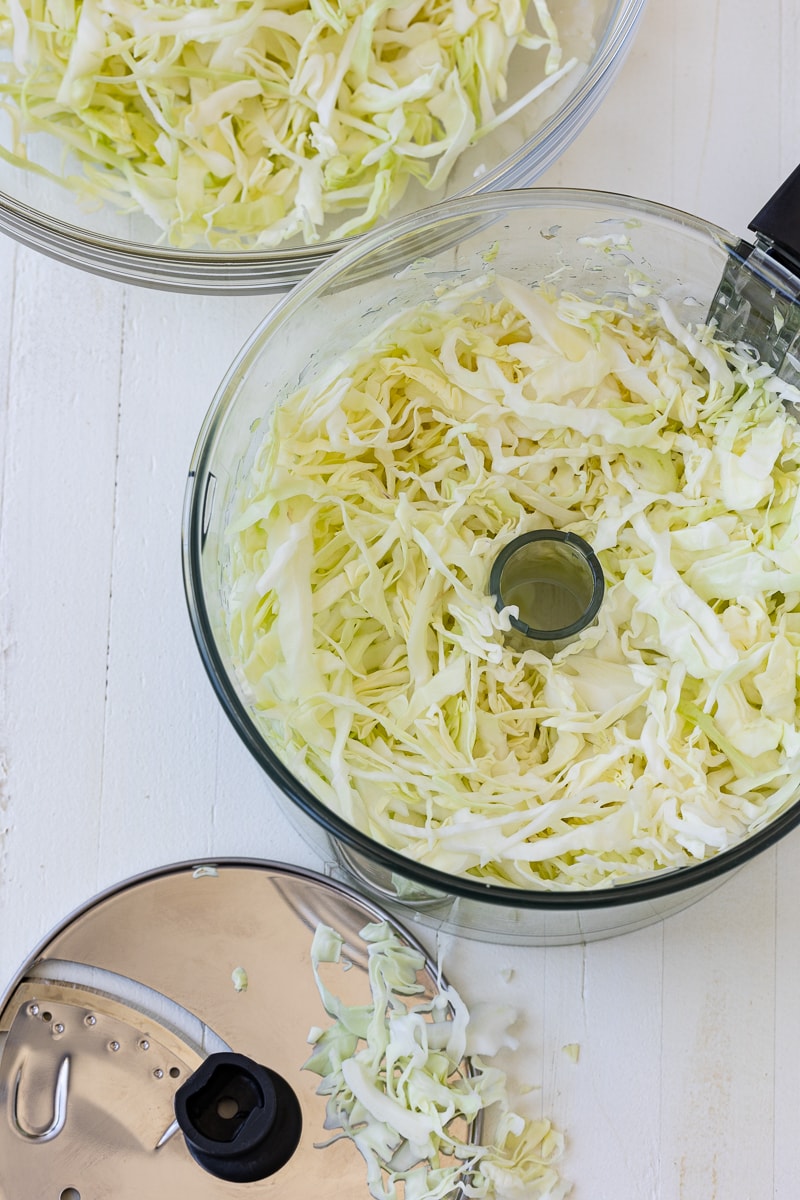 Green cabbage sliced in food processor
