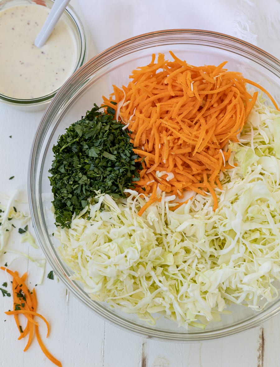 Chopped vegetables for coleslaw.