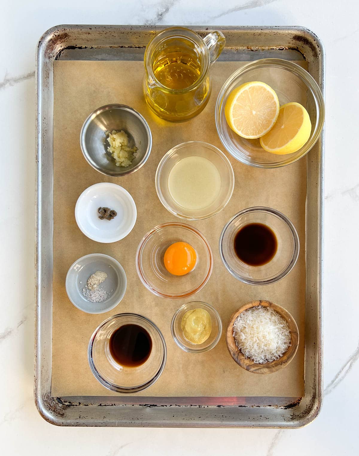 Dressing ingredients on a tray.