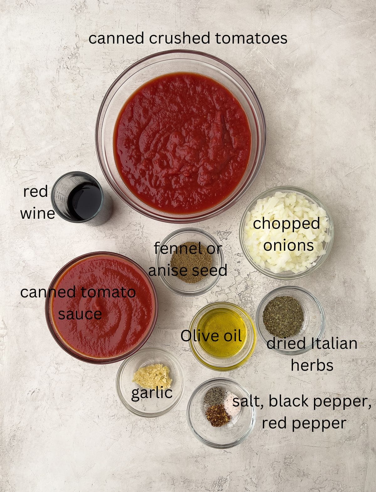 Marinara sauce ingredients labeled.