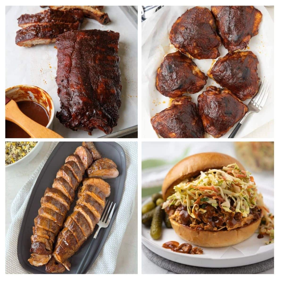 Baby back ribs, BBq chicken thighs, pulled pork with bbq sauce, and smoked pork tenderloin.