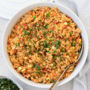 A bowl of colorful rice with mixed vegetables and a parsley garnish ready to serve.