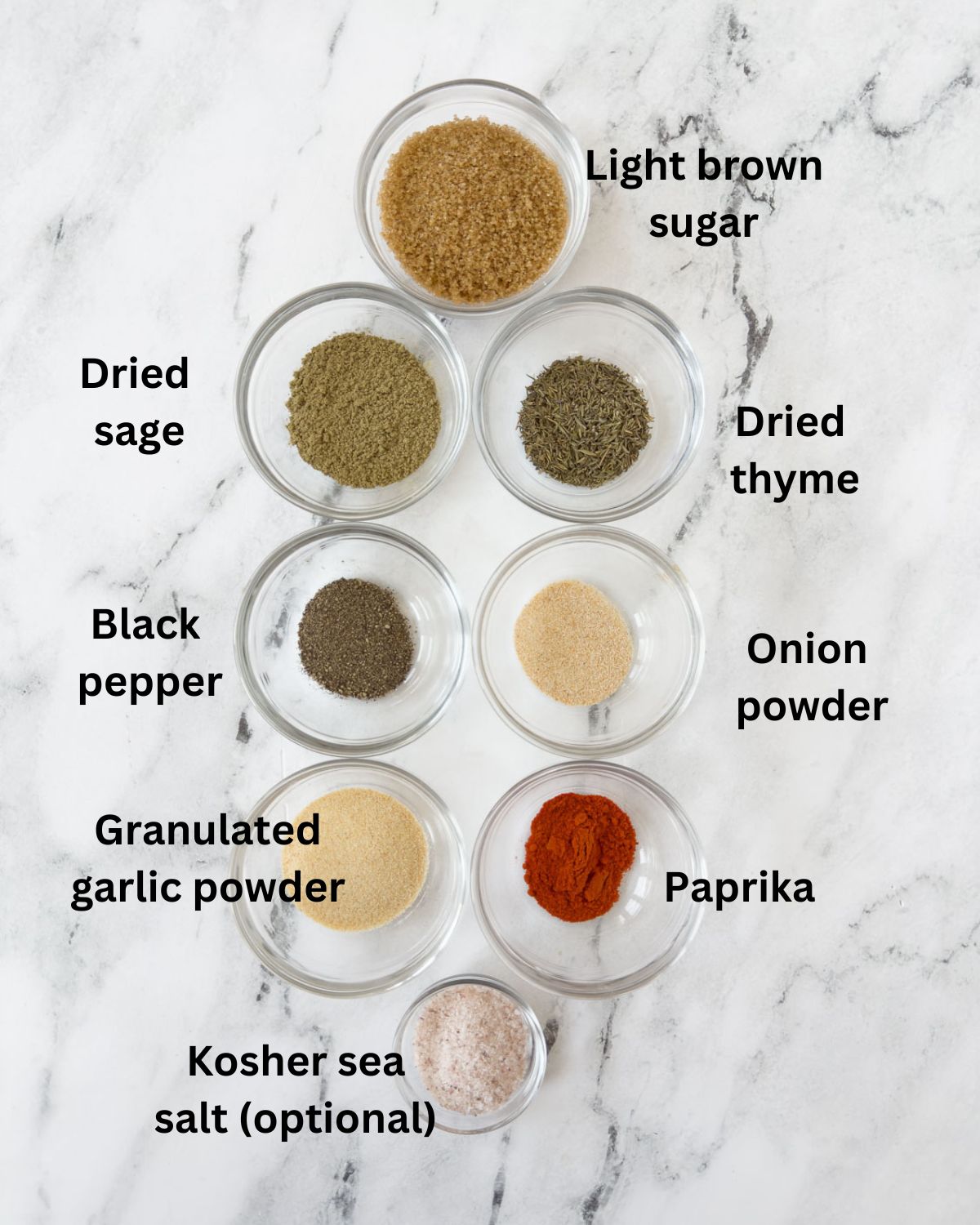 Ingredients to make a turkey seasoning rub in small prep bowls.
