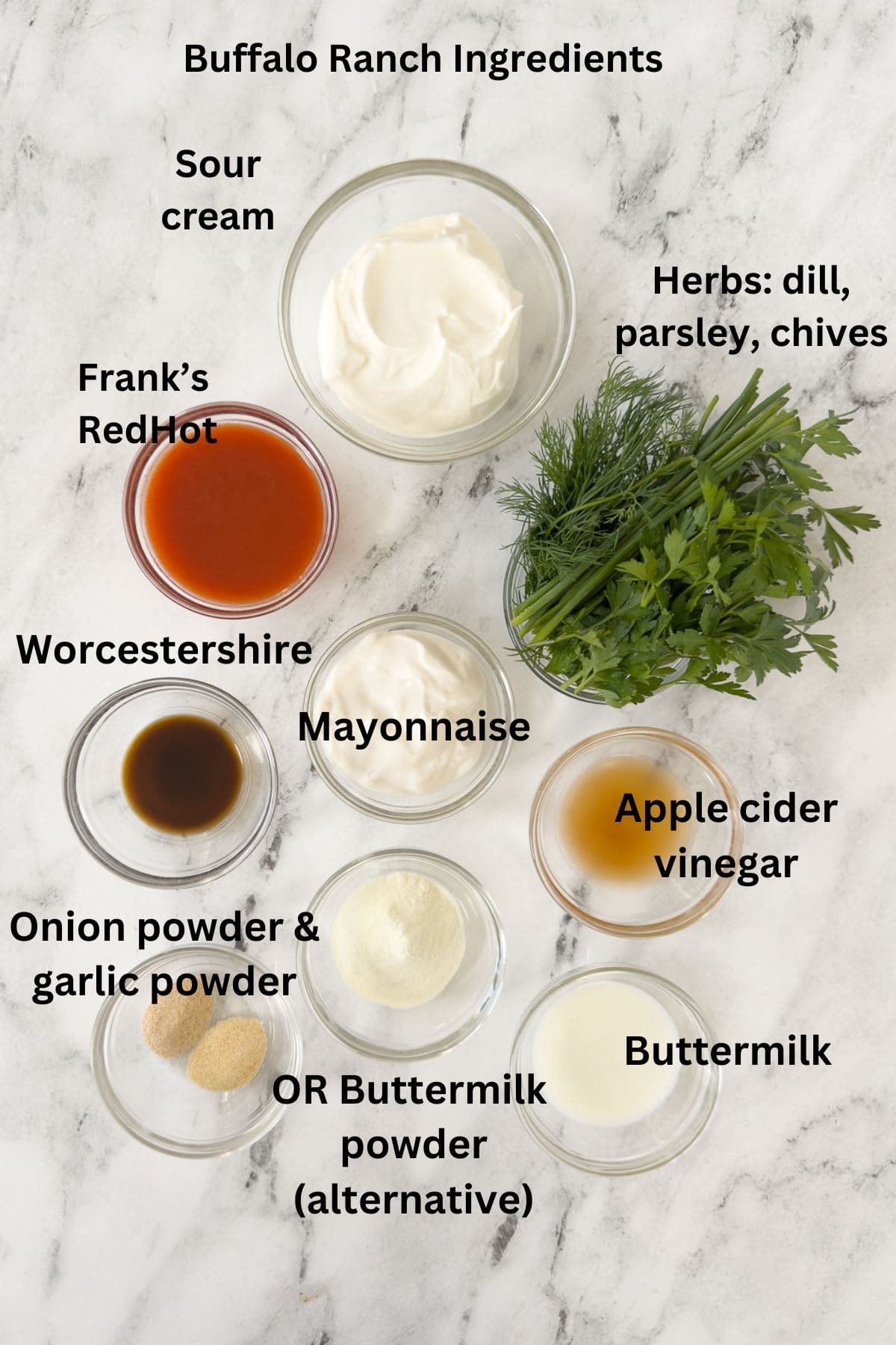 Ingredients for Buffalo Ranch dressing and dip recipe in small prep bowls.