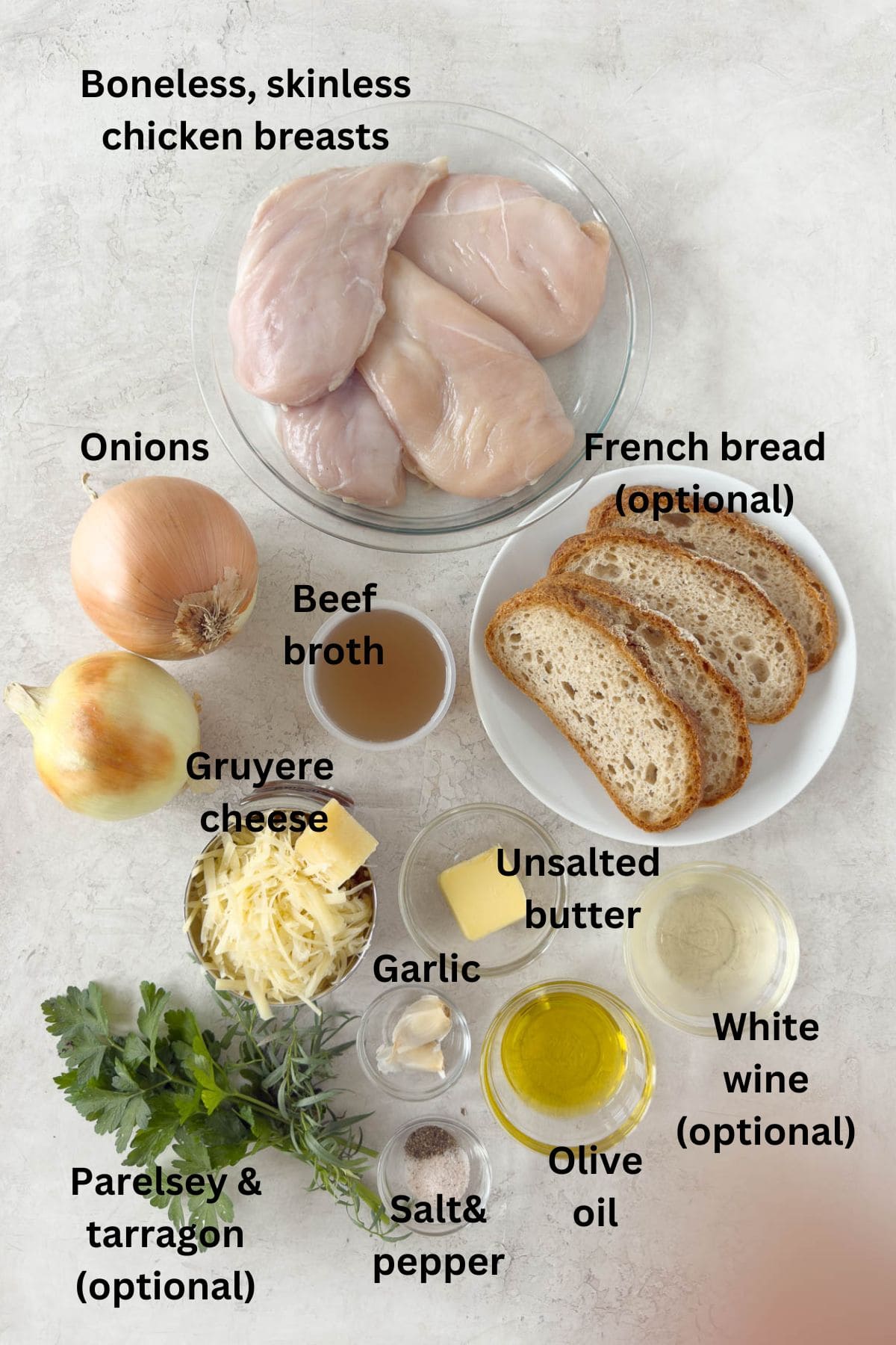 Ingredients for French onion soup chicken on the counter in prep bowls.
