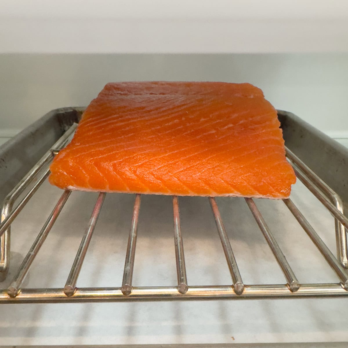 Raw king salmon fillet drying on a wire rack in the refrigerator.