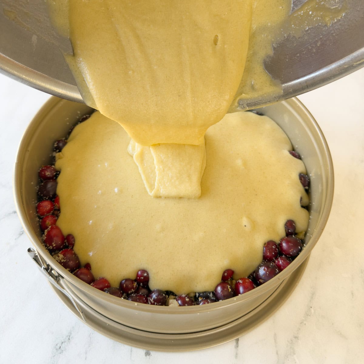 Pouring a thick cake better over the top of fresh cranberries, sugar, and nuts for a cranberry cake.